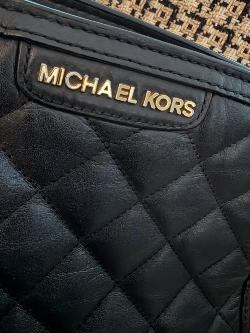 Michael Kors Black Quilted Leather Crossbody with Gold MK Charm